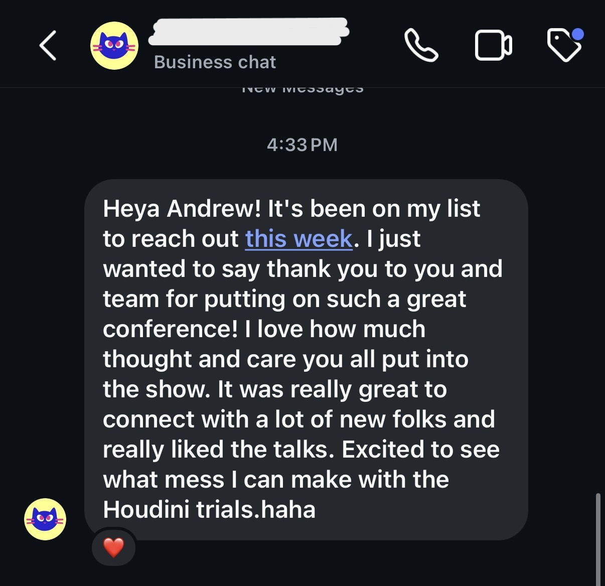 DM from a conference attendee saying how much they loved the XR Motion Conference.