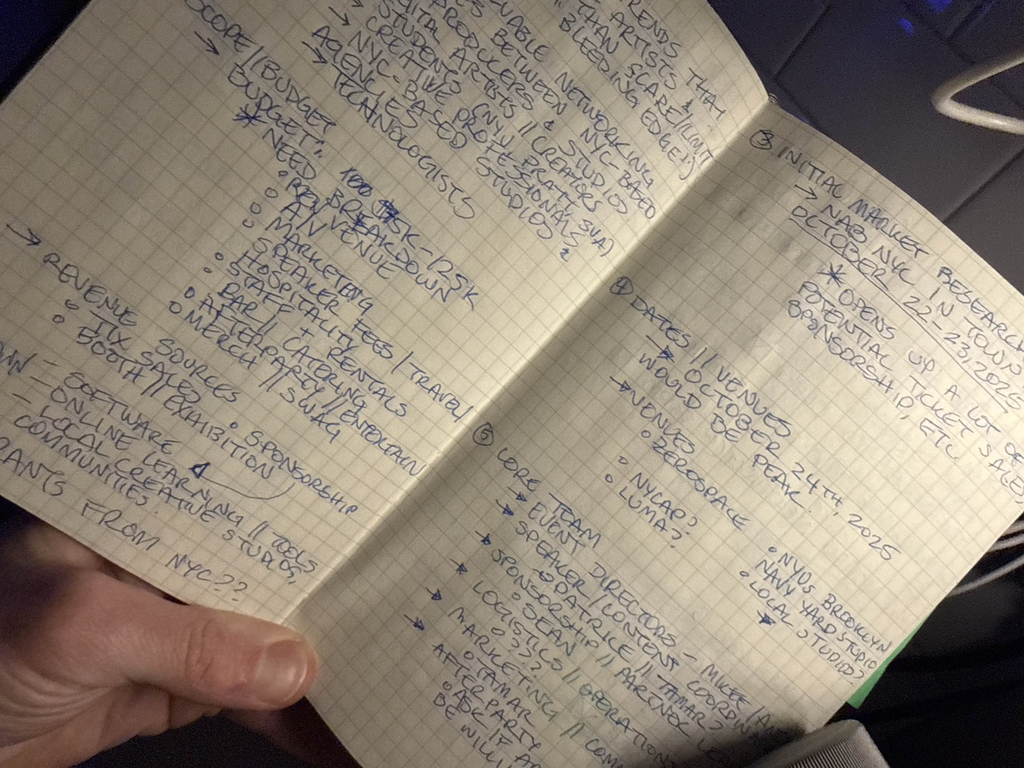 Handwritten notes in notebook with planning ideas, strategies, and project management for the first XR Motion Conference.