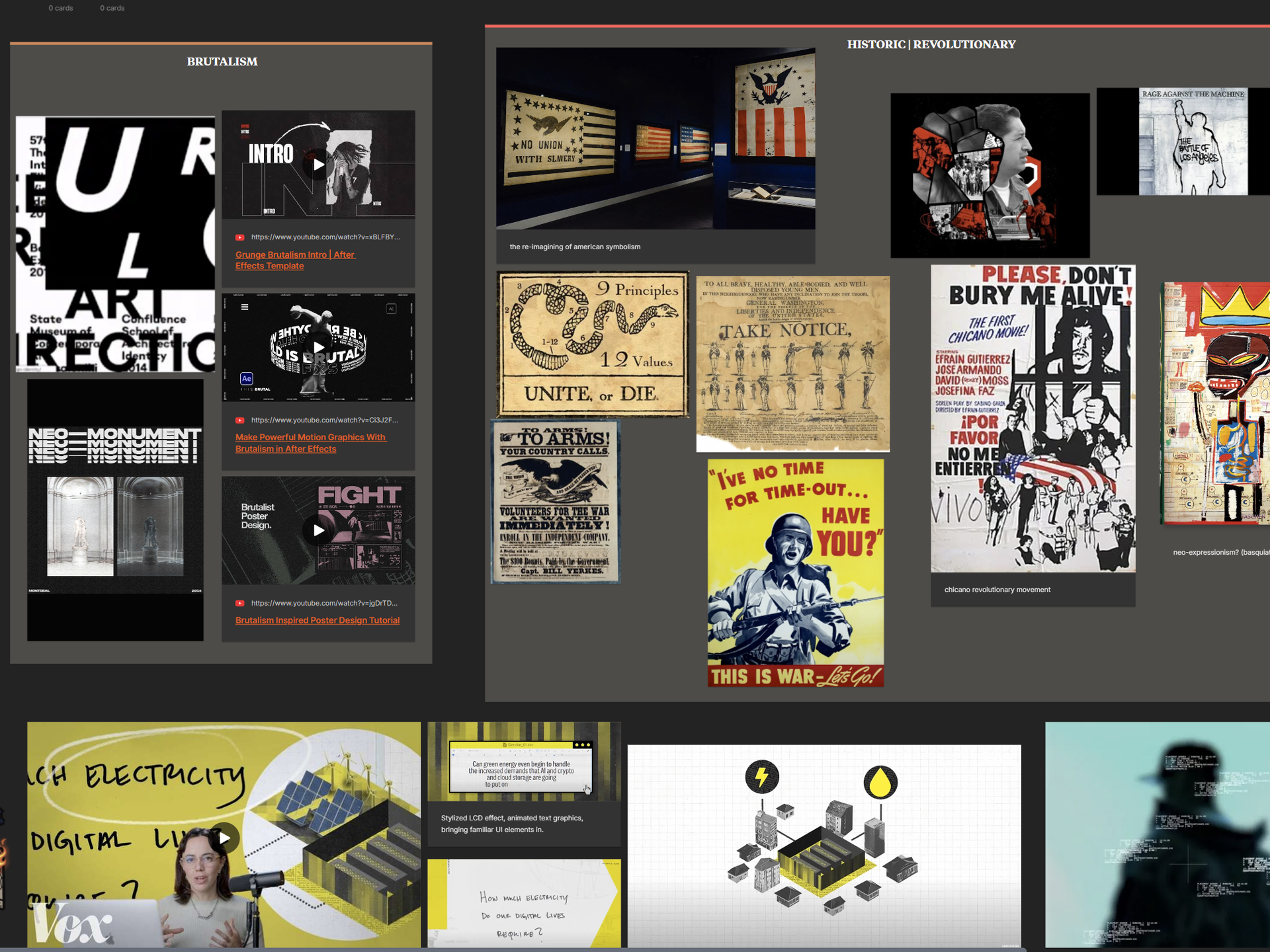 Digital design mood board featuring brutalist typography, historical propaganda posters, revolutionary art and graphic design elements