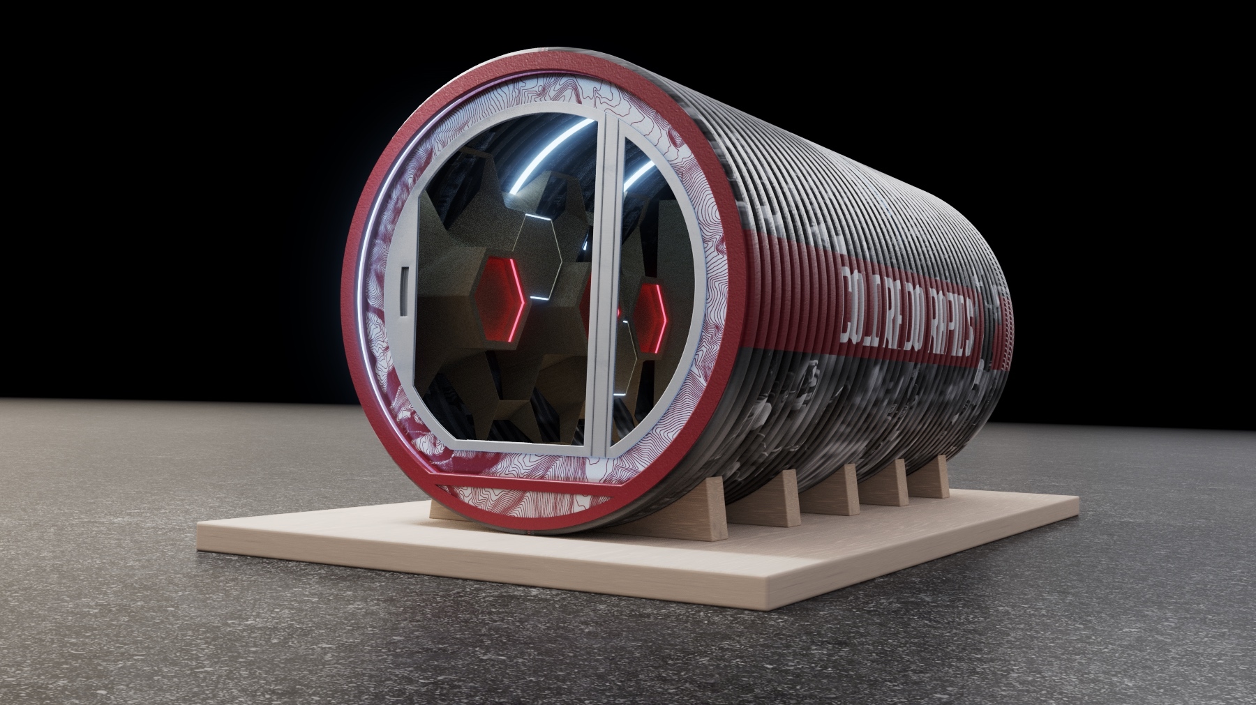An exploration of a circular, corrugated pipe on a wooden base with Colorado Rapids branding.