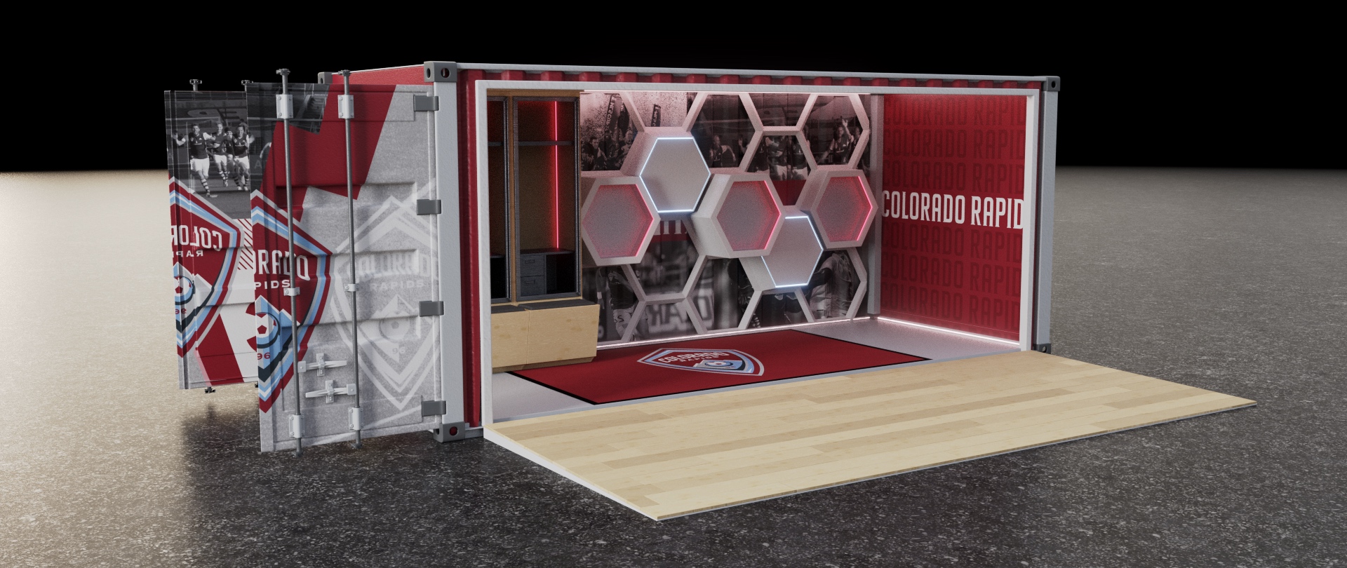 Front 1/4 view of the Colorado Rapids branded shipping container.