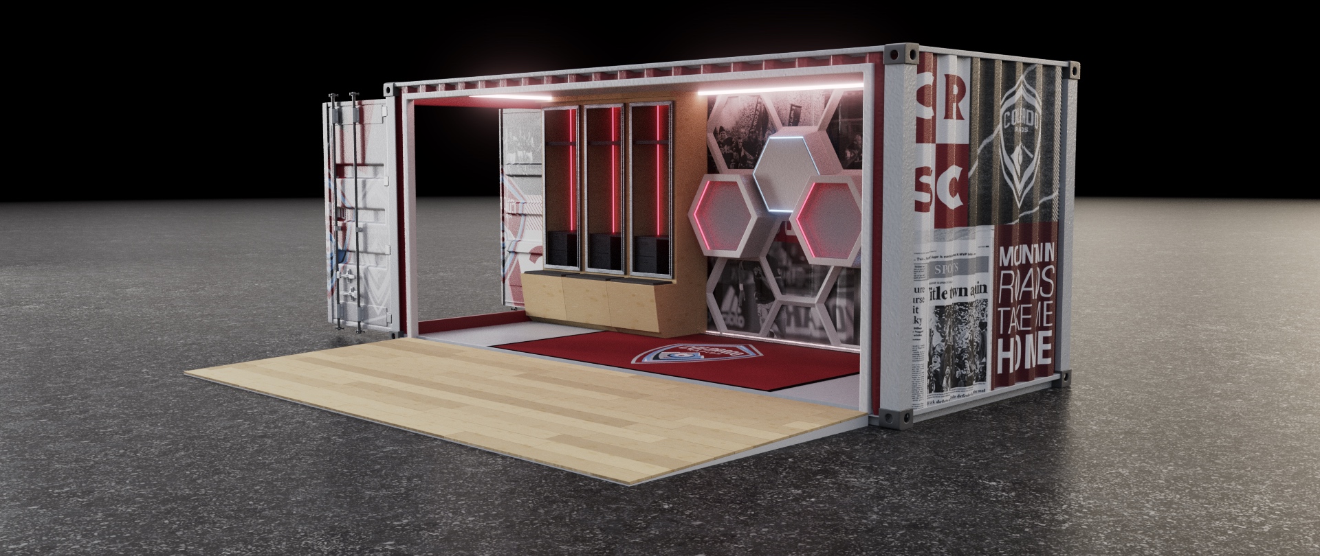 Alternate front 1/4 view of the Colorado Rapids branded shipping container.