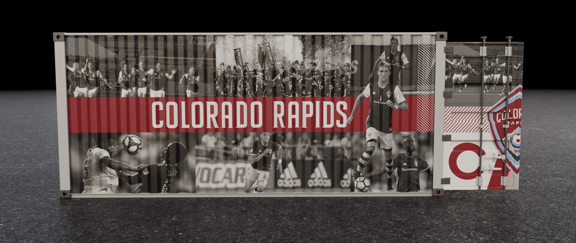 Rear view of the Colorado Rapids branded shipping container. Used this fuller panel to emphasize media showcasing players and team branding.