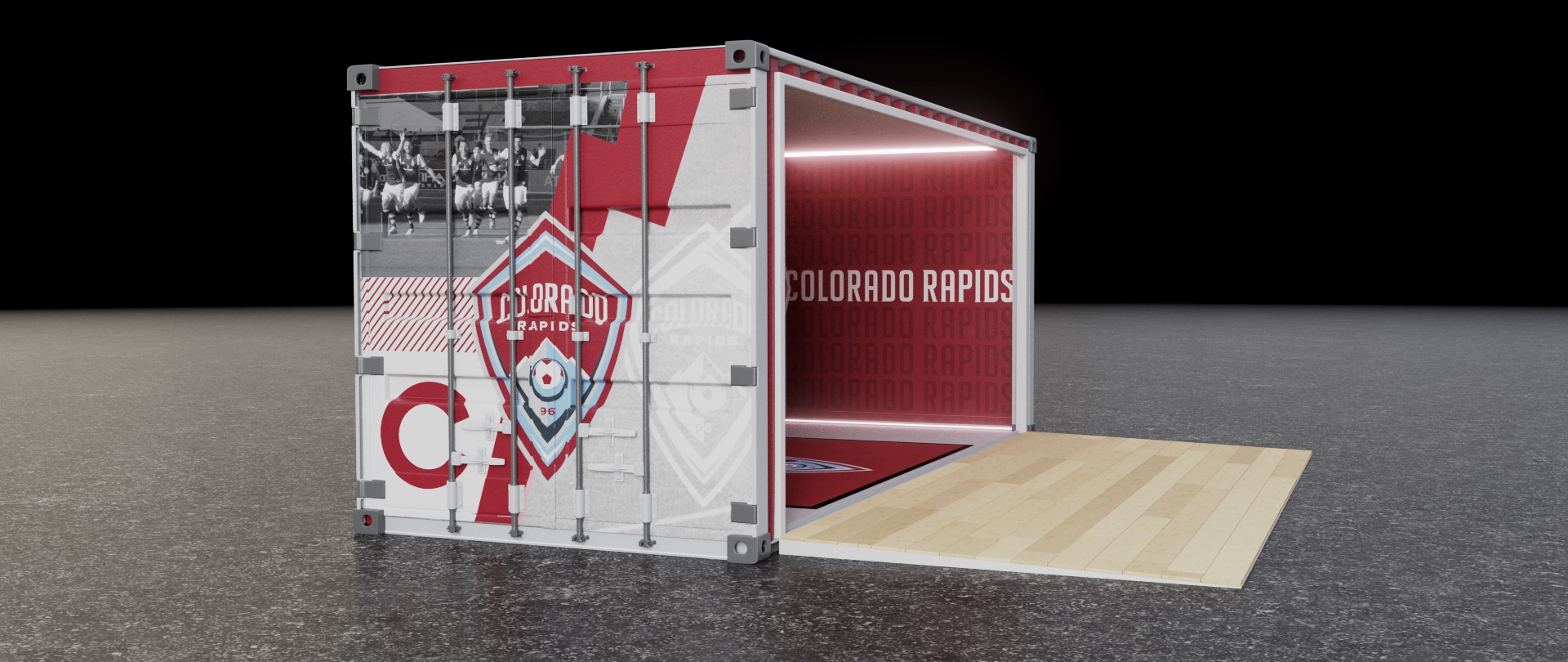 Front 1/4 view of the Colorado Rapids branded shipping container.