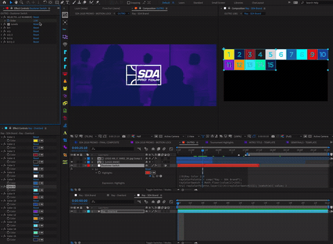Adobe After Effects interface showing SDA logo project utilizing Ray Dynamic Color and custom expression for gradients.