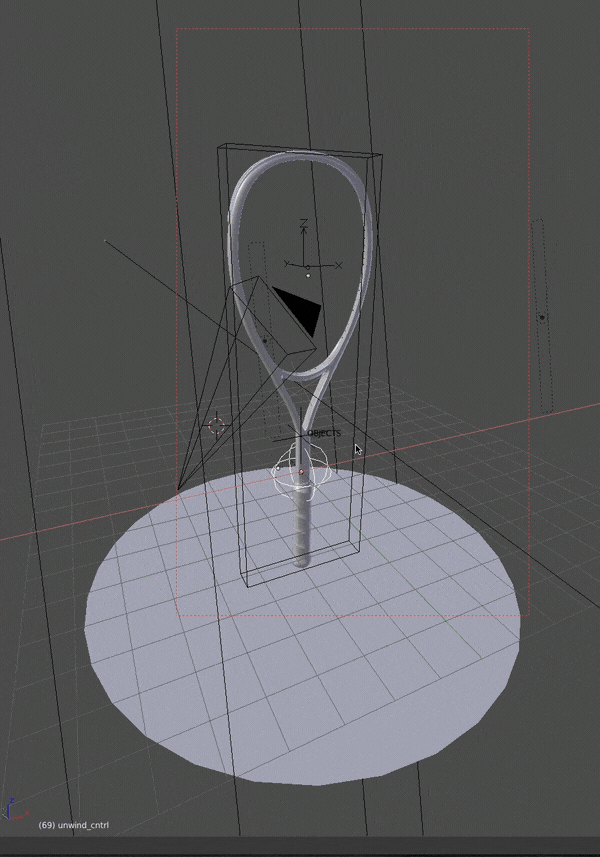 BTS of Blender Animation Nodes setup to reveal a squash rackets wiring, all driven by a single Empty.