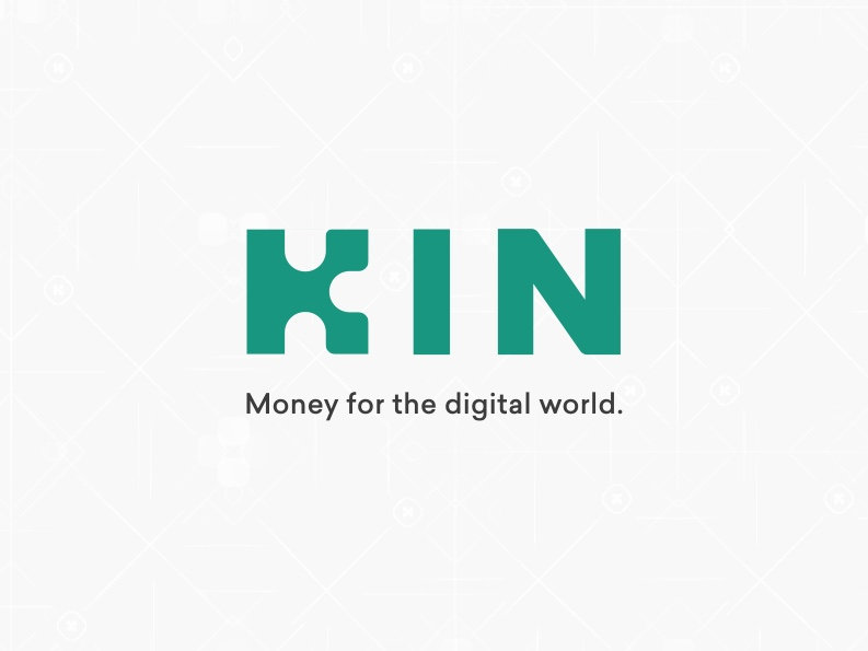 Kin cryptocurrency logo with tagline Money for the digital world in teal green letters on white background