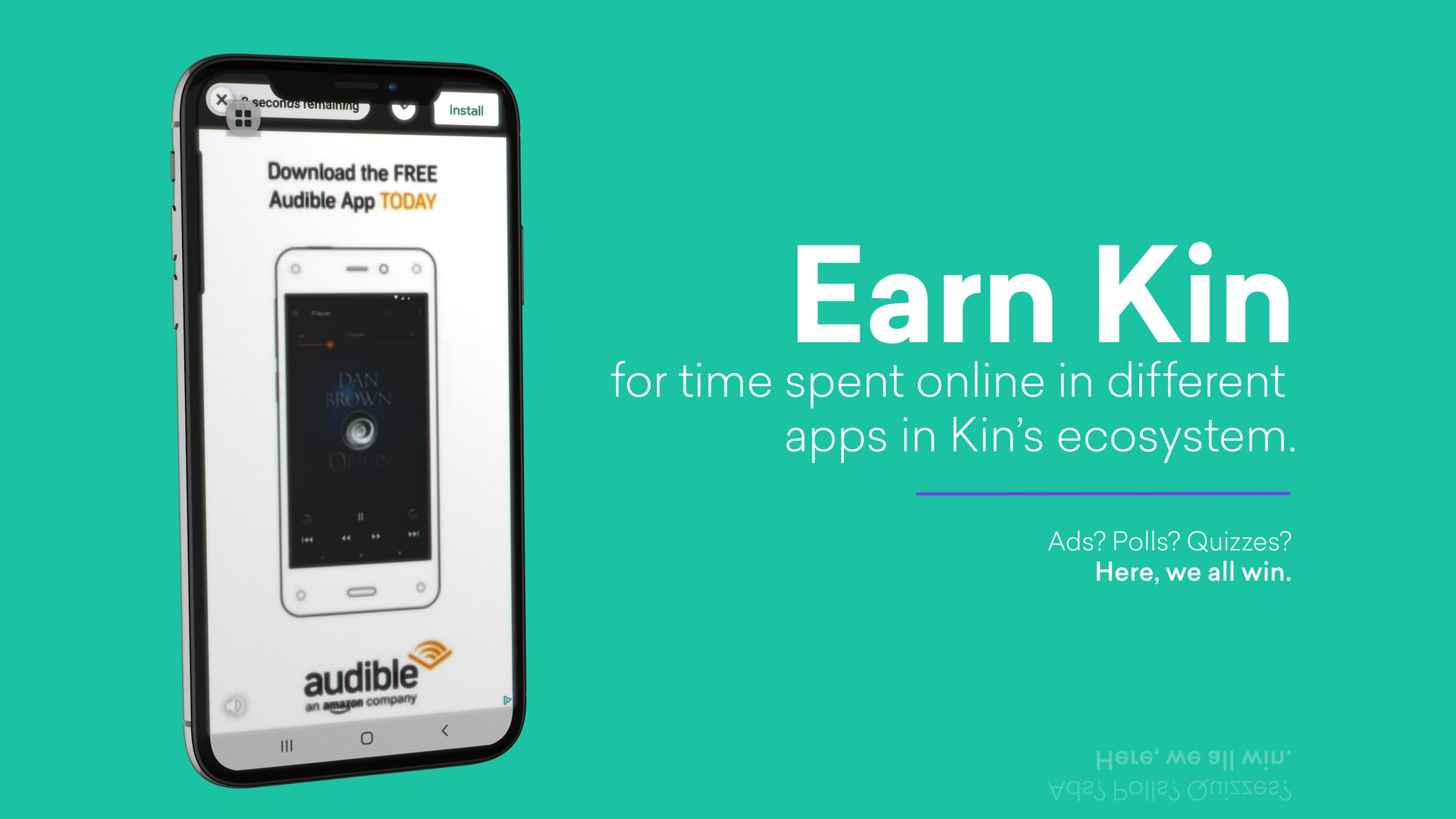 Smartphone displaying app download page with Kin cryptocurrency earning rewards for online activity and app usage