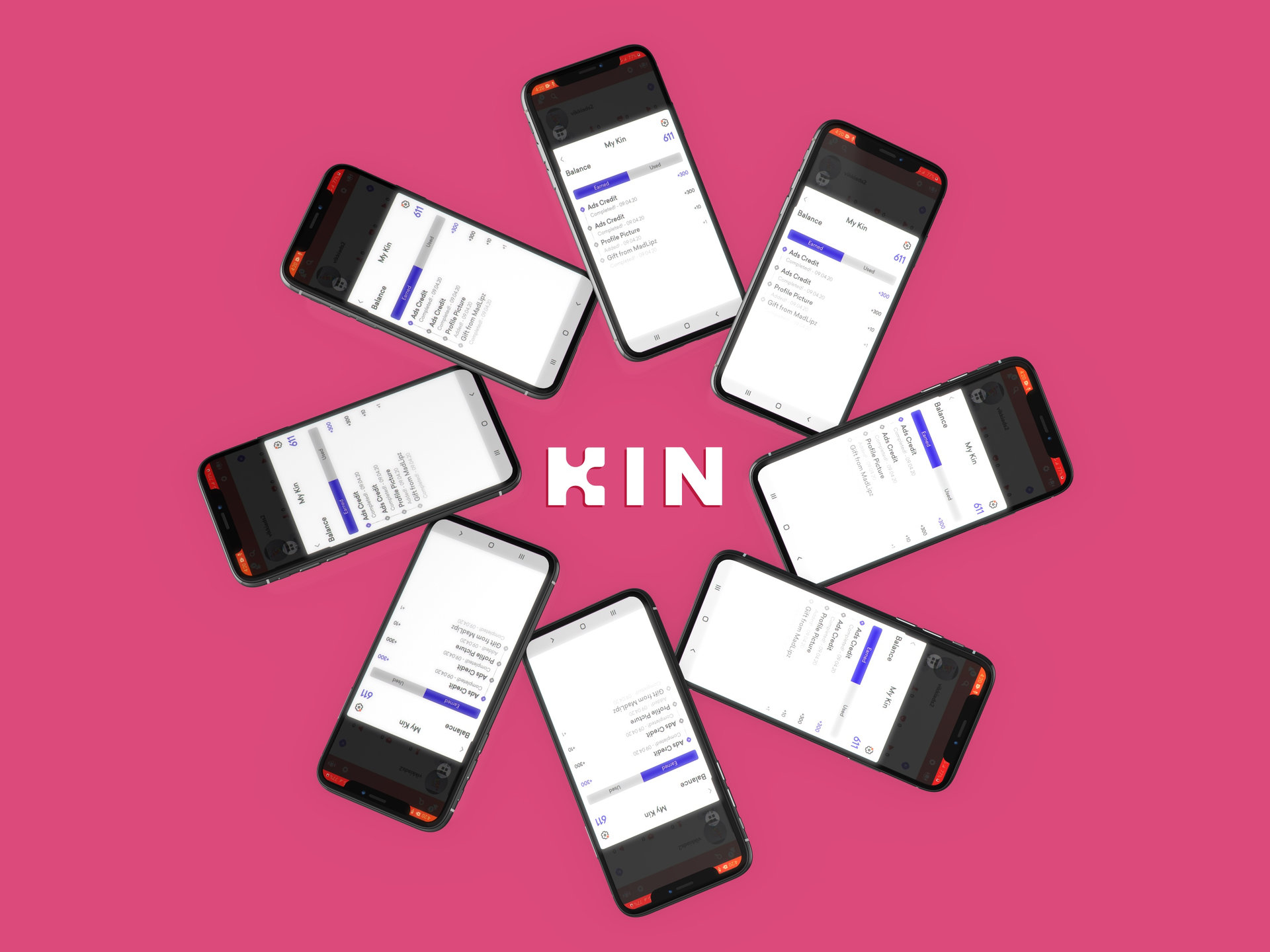 KIN mobile app interface displayed on multiple smartphones arranged in circle pattern on pink background