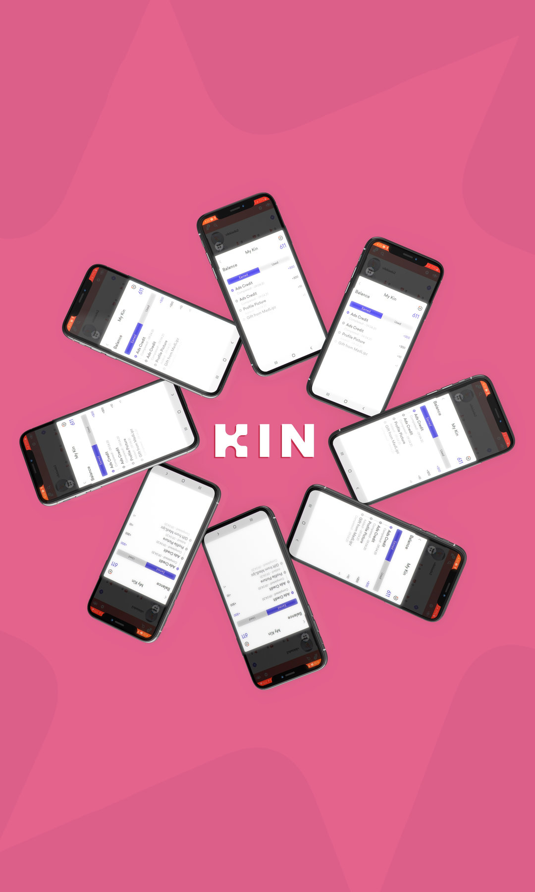 KIN cryptocurrency app interface displayed on multiple smartphones arranged in circle on pink background showing mobile wallet features