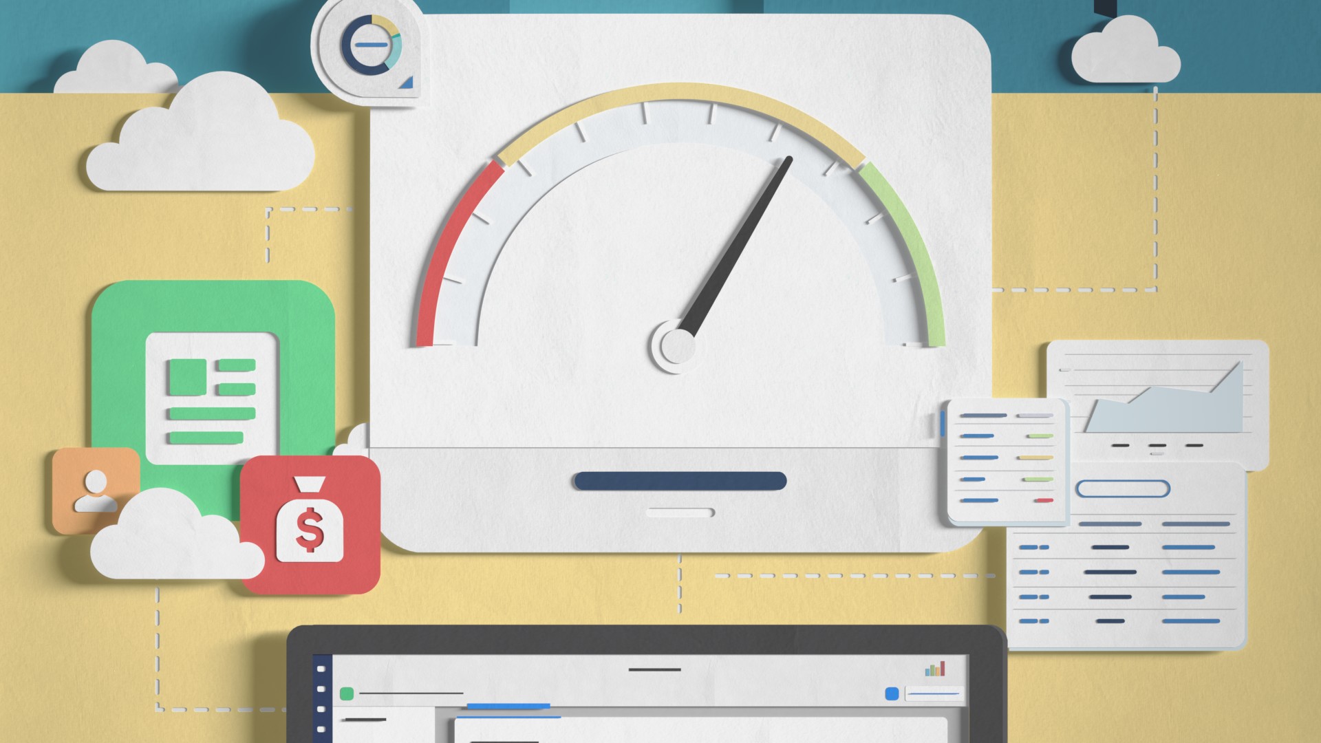 Illustrated wireframe of an nCino dashboard with progress meters, analytics tools, cloud storage icons and data visualization elements