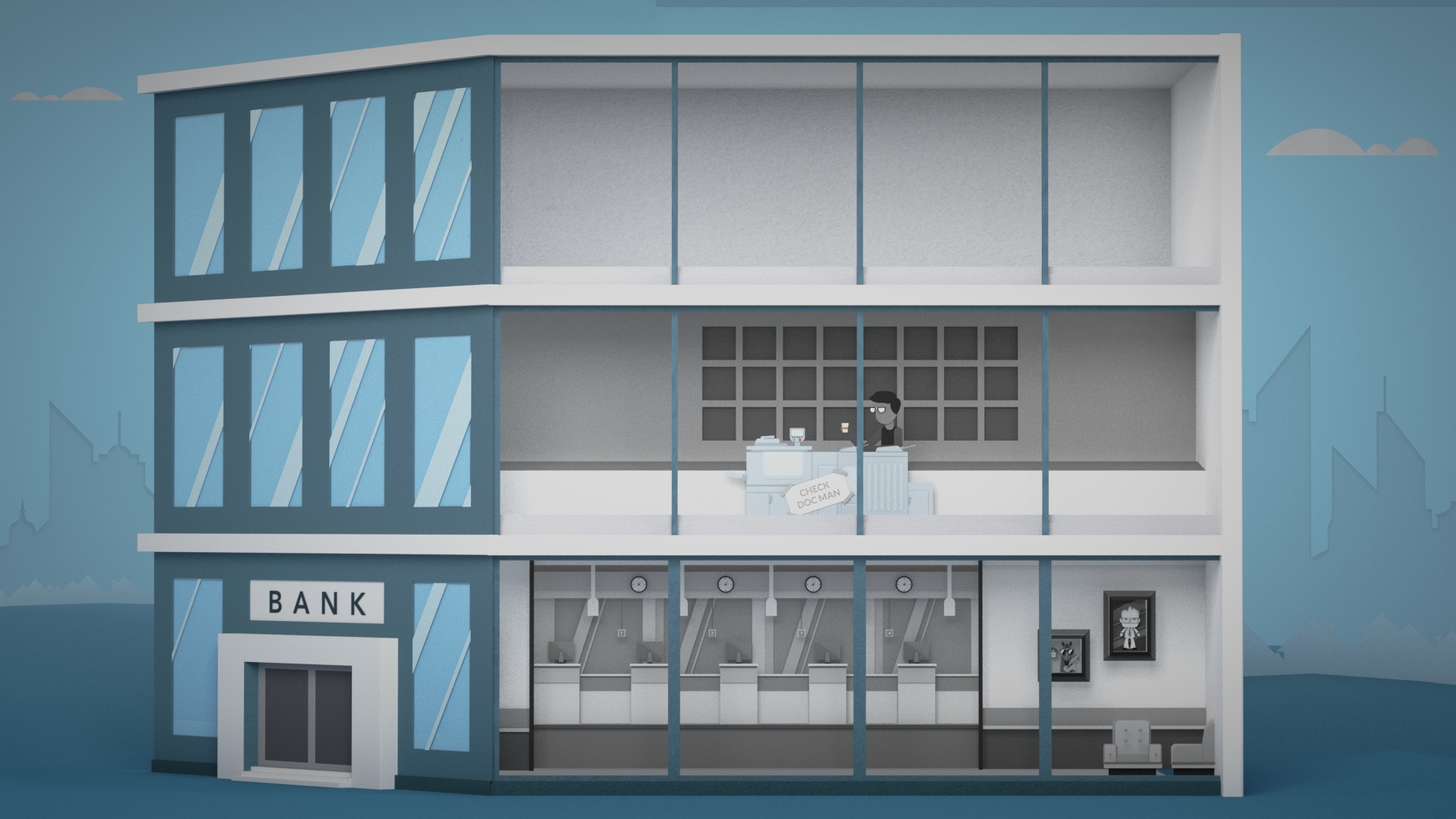 Illustration of three-story bank building cross-section with glass windows, ATM machines, and office spaces with a busy employee at the paper copier.