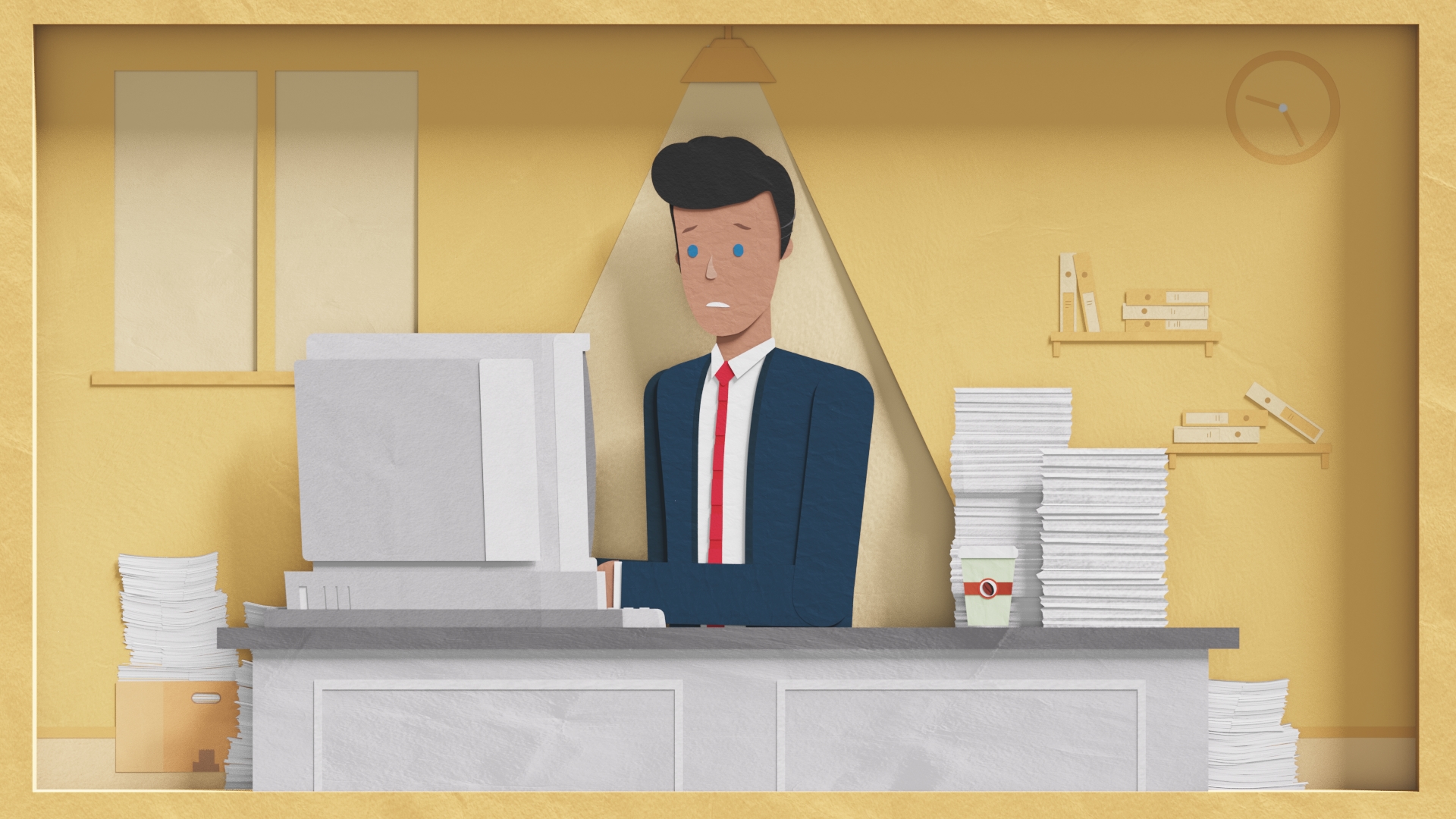 Animated scene with our overwhelmed banker sitting at a cluttered desk with stacks of paperwork and documents, all for just one loan.