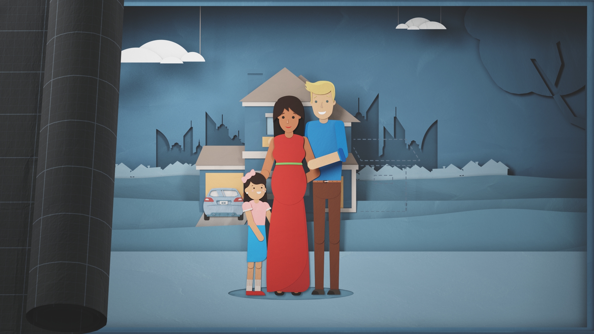 Illustration of Amna and her family standing together with their house, car and city skyline in background. The paper cut depth was really fun to design.
