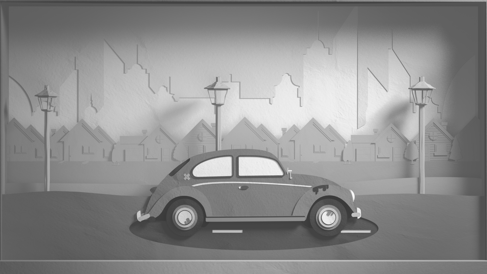 Vintage car driving on city street with row houses and street lamps in grayscale illustration