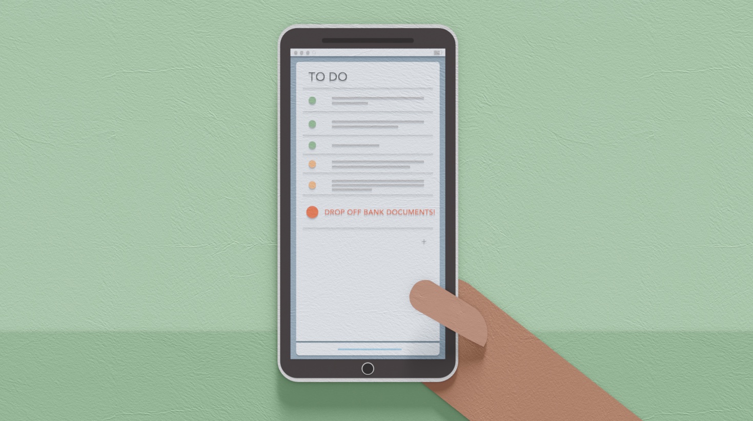 Anna holding her smartphone displaying a to-do list of tasks. Top priority? Drop off bank documents.