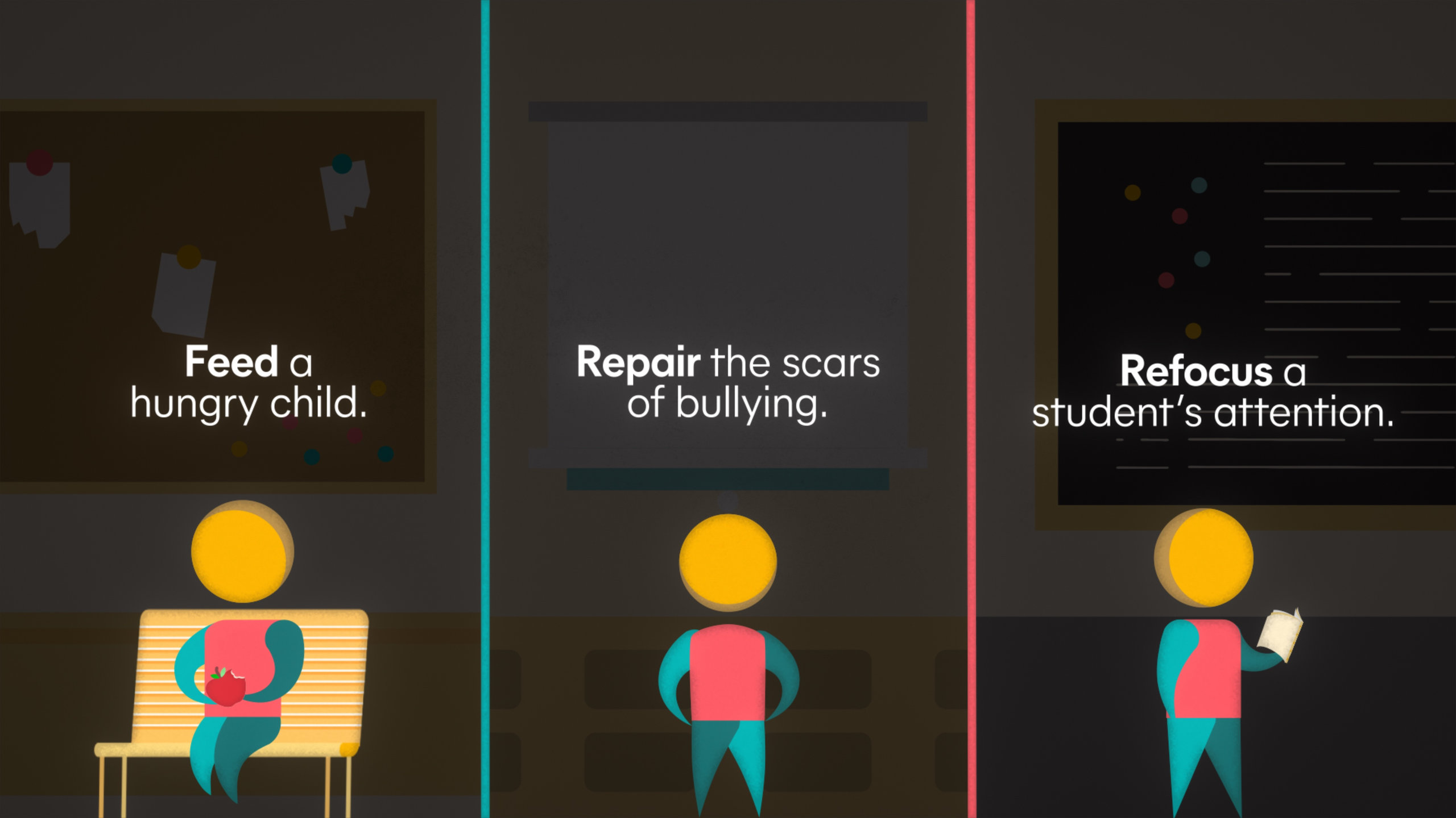 Three-panel illustration showing teacher's charitable actions: feeding hungry child, healing bullying & trauma, and helping student focus