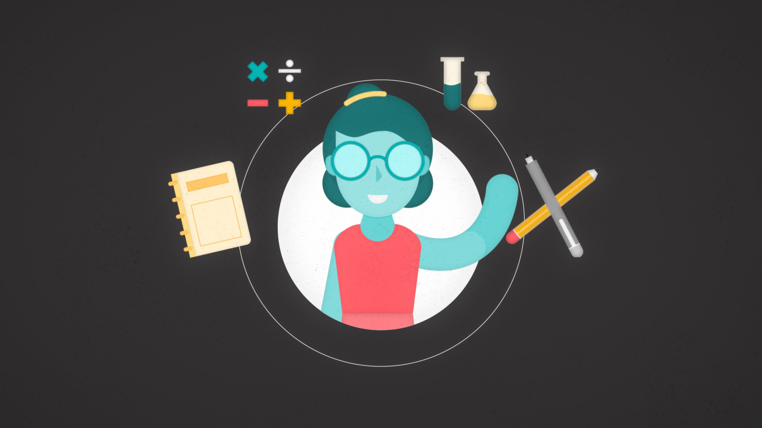 Illustration showing educator and icon illustrations surronding her as she waves.