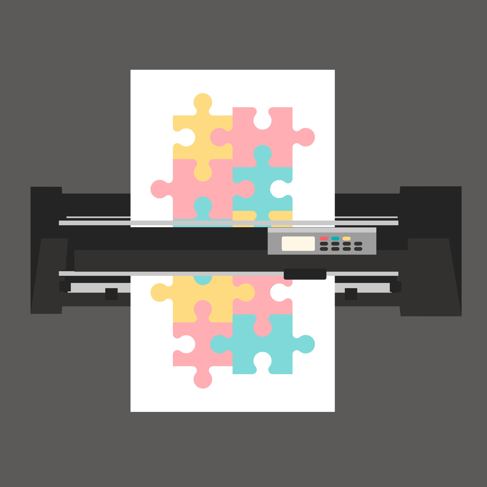 Illustration of colorful puzzle pieces being printed on PSS' large format printer.