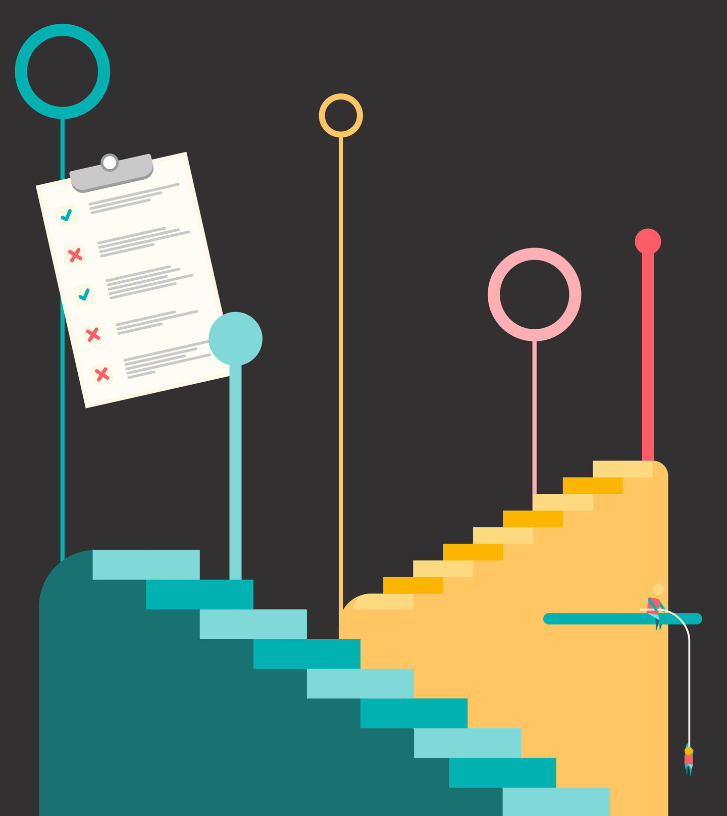 Colorful illustration showing students helping each other climb to the top of a checklist and educational goals.