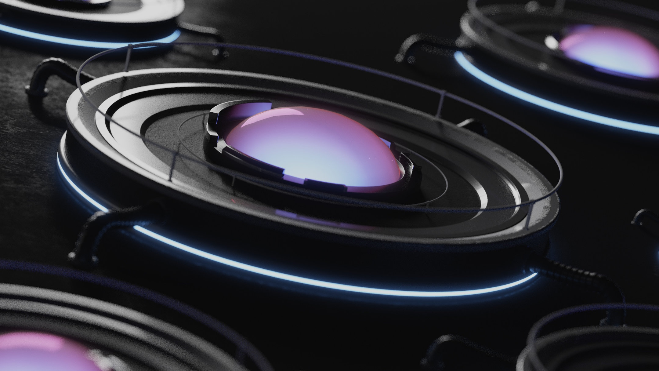 3D rendered futuristic metallic containers with purple gradients and glowing blue rings on dark textured surface