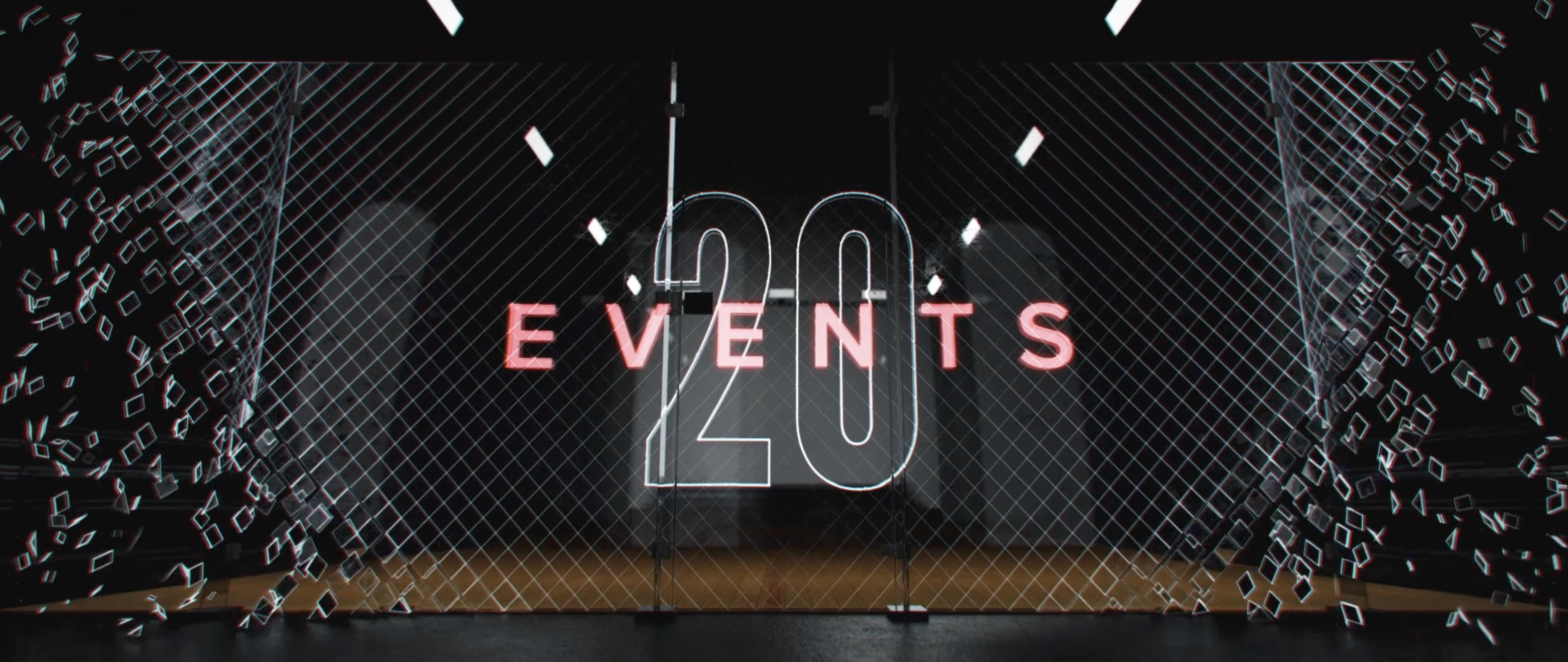 3D squash court backdrop with illuminated "20 EVENTS" text displayed against glass wall.