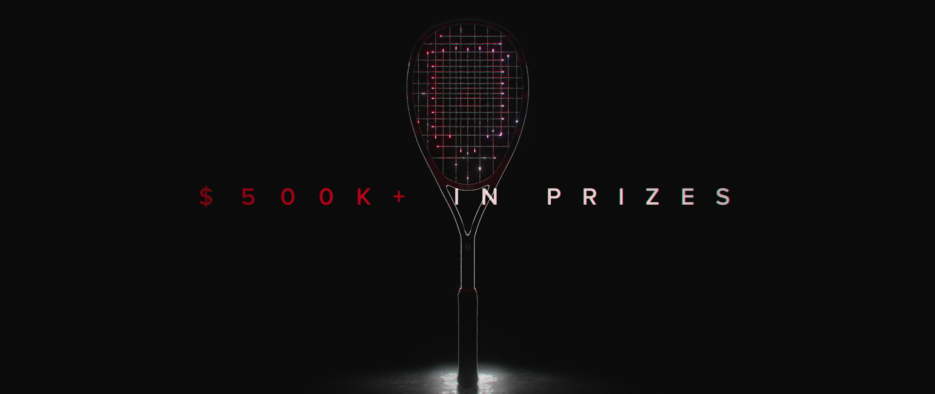 Custom SDA Branded Squash Racket, 3D rendered with dramatic backlighting as the racket strings grow and reveal themselves.