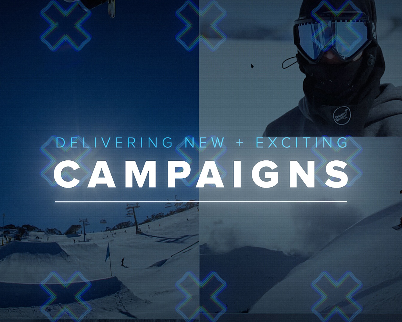 Winter sports marketing campaigns showing skier in goggles and snowy mountain with text delivering new and exciting campaigns on top.
