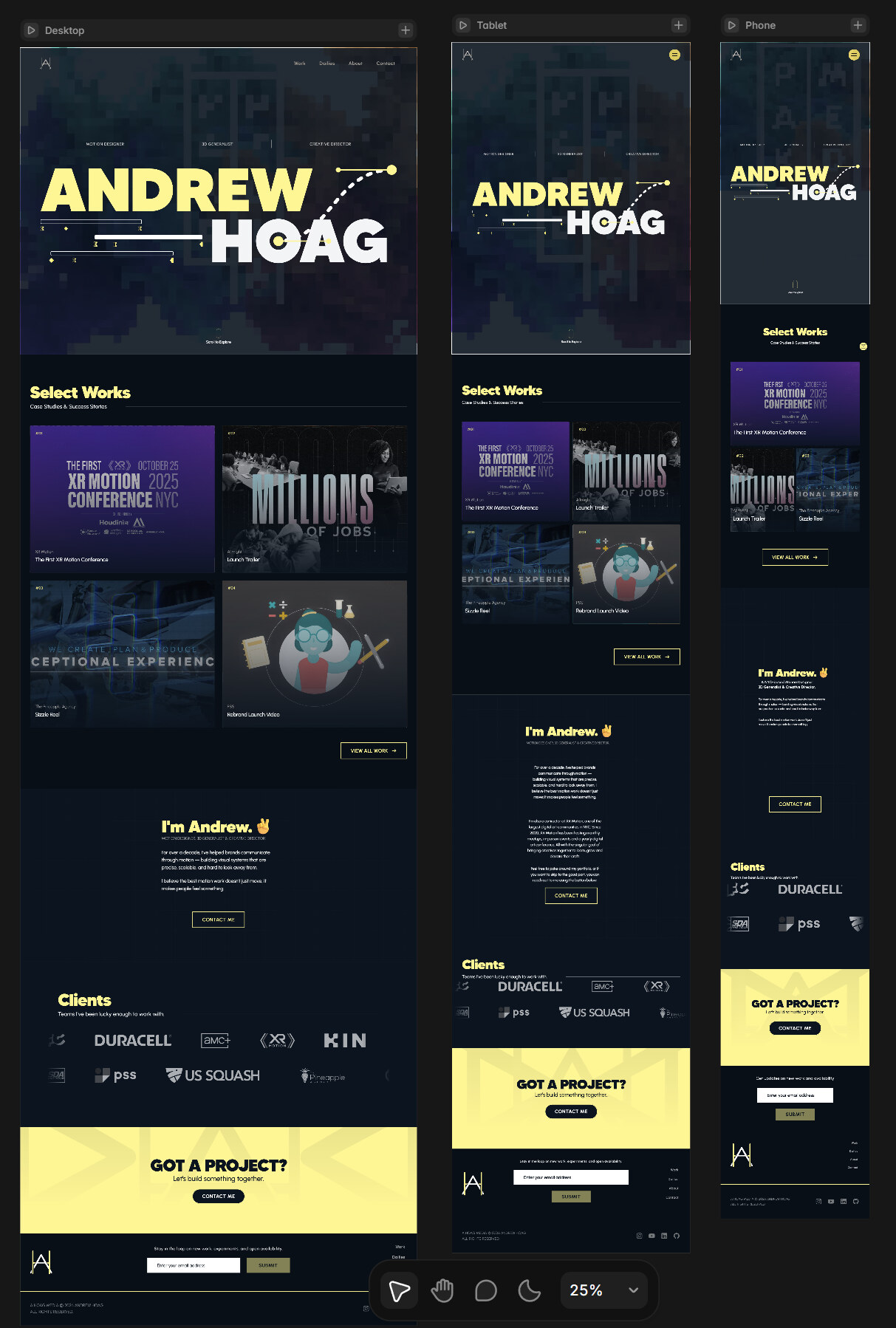 The original ahoag.media site in Framer, shown at desktop, tablet and phone breakpoints. Its color styles, type and layout became the design system ported to Astro.