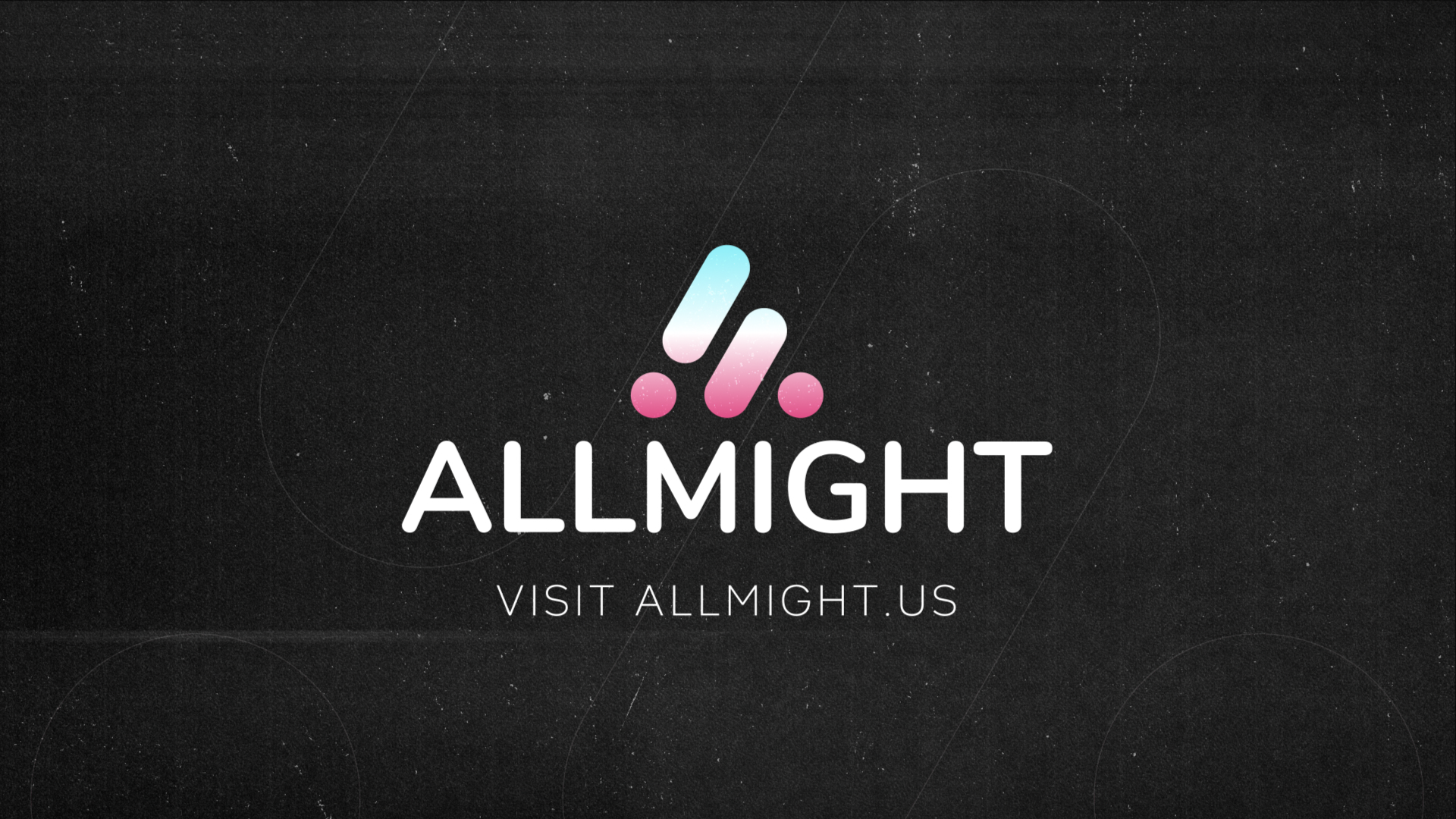 ALLMIGHT logo with colorful gradient design elements on dark textured background, website URL allmight.us displayed