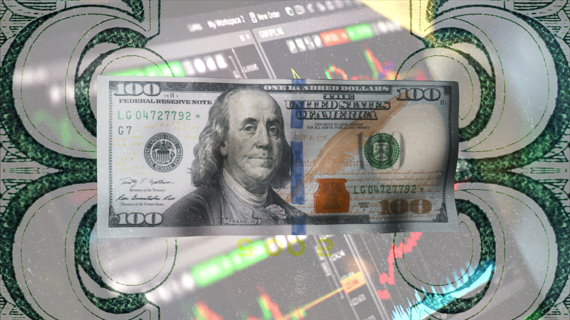 $100 bill on holographic security background showing authentication features and anti-counterfeiting technology