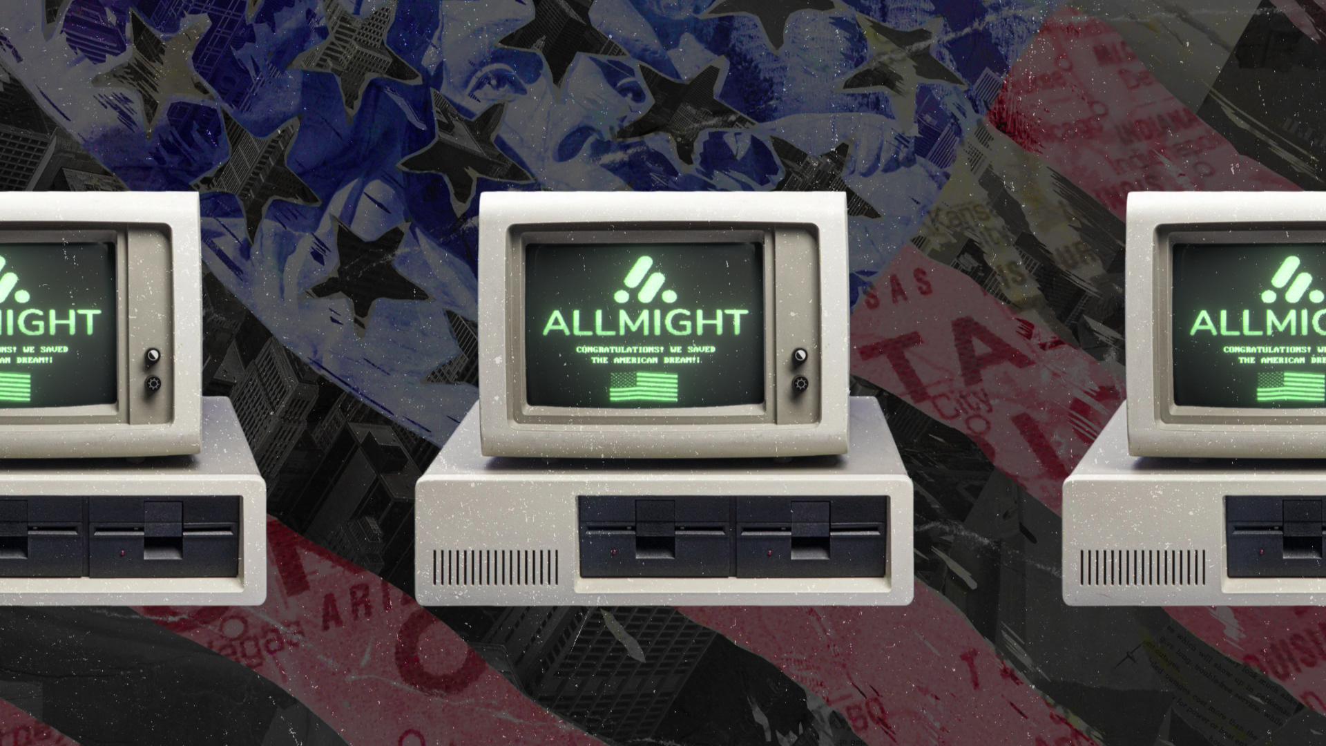 Vintage computer monitors displaying ALLMIGHT logo on screens with patriotic red white blue star background