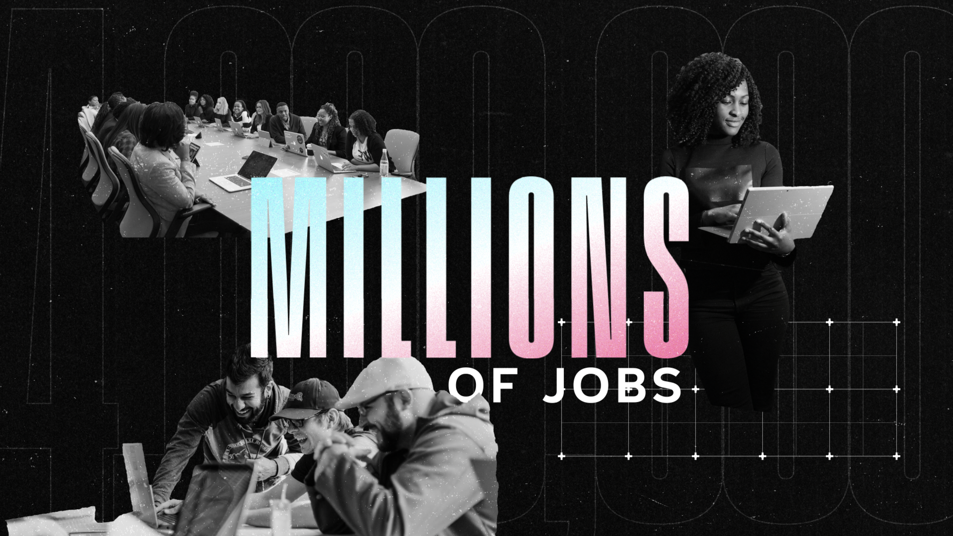 Millions of jobs infographic showing diverse workers in office meeting and construction settings on dark background