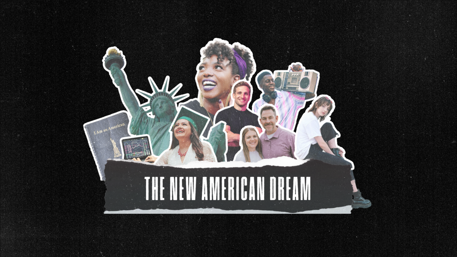 Collage showing diverse Americans with Statue of Liberty representing the new American Dream concept