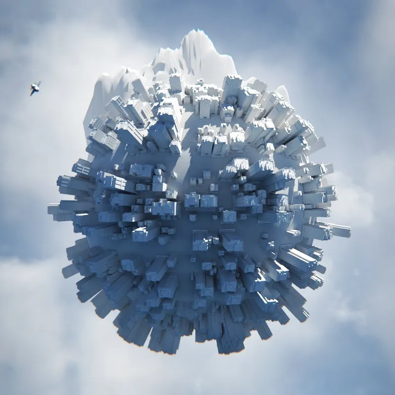 A miniature cityscape scattered across a globe using Blender instancing.