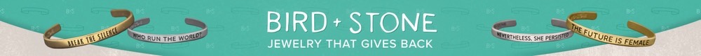 Bird + Stone jewelry brand header with teal background featuring gold bracelets and "jewelry that gives back" tagline