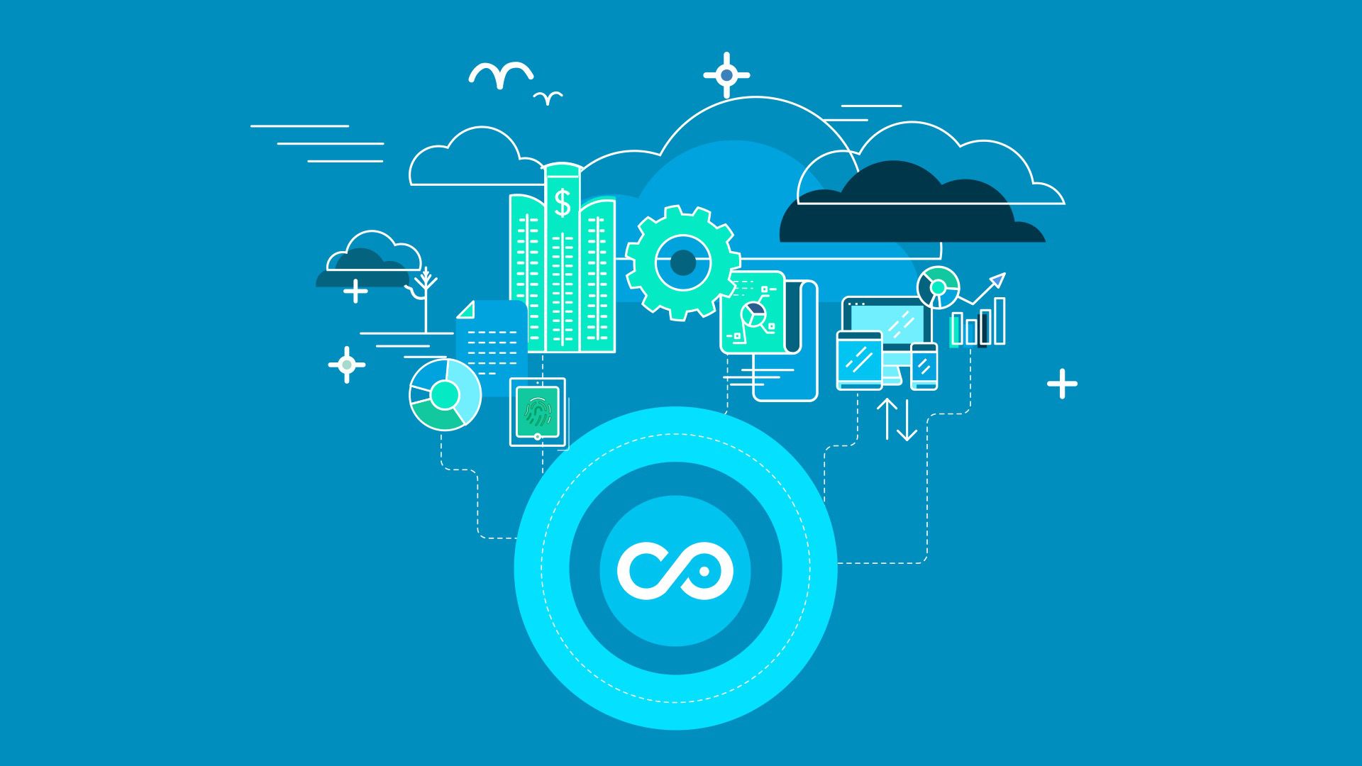 DevOps automation illustration with Copado logo and infinity symbol, cloud computing, data analytics charts, gears, and digital workflow icons on blue background