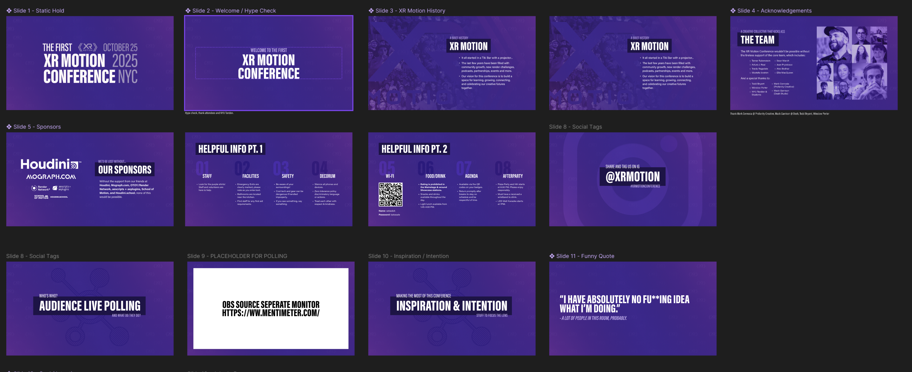 XR Motion Conference presentation slides showing event details, sponsors, team photos, and information.